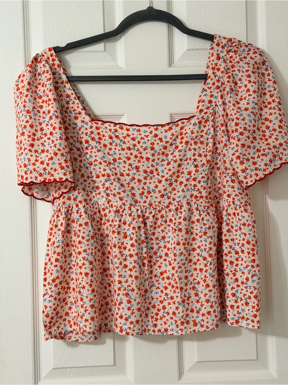 Old Navy Cream Peplum Top with Red Floral Print and Blue Accents